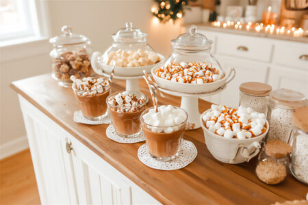 a festive hot cocoa bar setup with a variety